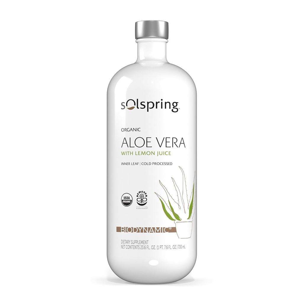 Solspring Biodynamic Biodynamic Aloe Vera Juice com limão, 23.6 Fl. Oz. (700 mL), não pasteurizado, certificado USDA Orgânico, Regenerativo, Não-GMO, Gluten Free, Soy Free, Dr. Mercola