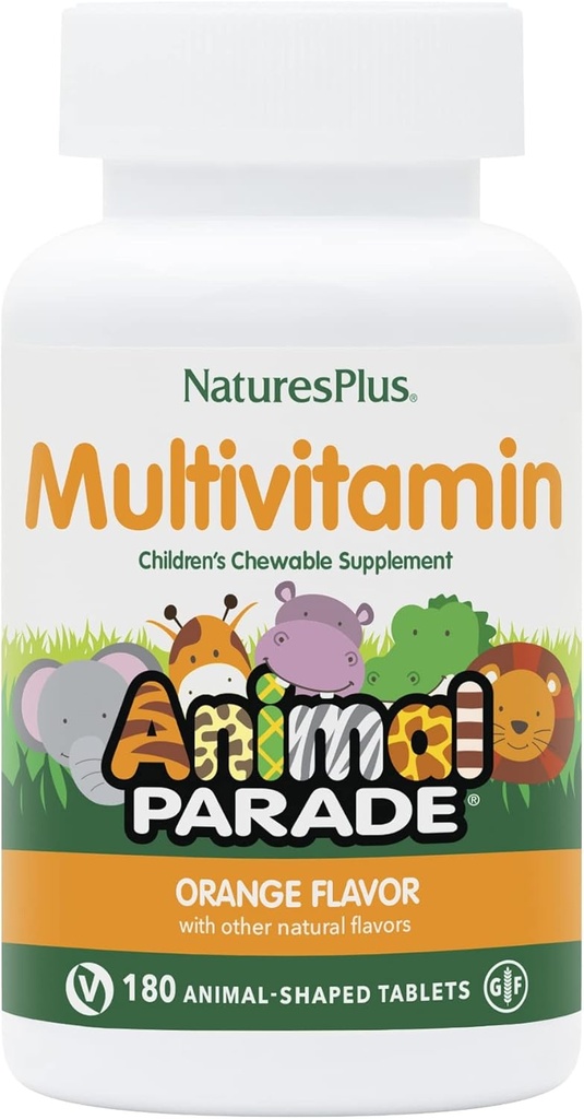 Naturezas Plus Animal Desfile Multivitamínico mastigável para crianças - sabor laranja - 180 Comprimidos em forma de animal - Promove a saúde e bem-estar - Vegetariano, sem glúten - 90 Servings