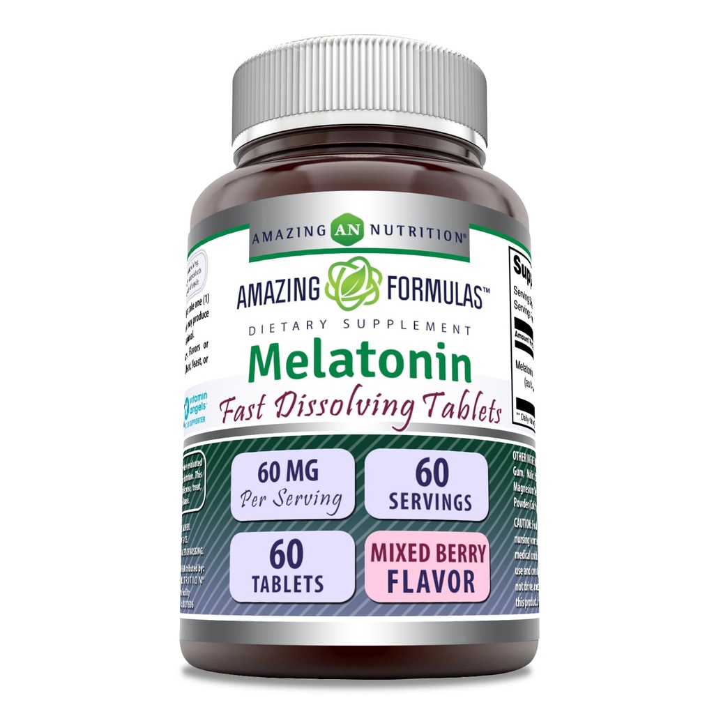 Fórmulas surpreendentes Suplemento de dissolução rápida de melatonina 60 Mg por serviço .Flavor misto de berry .60 Comprimidos . Não-GMO .