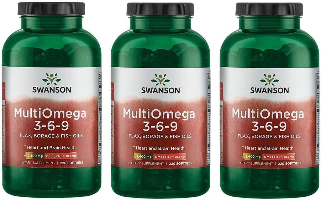 Swanson MultiOmega 3-6-9 - Não-GMO Flax Oil, Borage Oil, '&' Fish Oil Cápsulas - Ácidos Gordura Essencial Suportando Saúde Cardiovascular '&' Saúde do Cérebro - (220 Softgels, 2400mg Servindo) 3 Garrafas