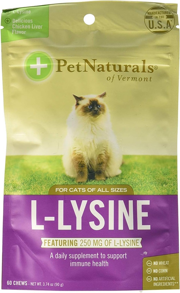 Animais de estimação naturais de Vermont L-Lysine 60 Mastigação em forma de diversão para gatos - 2 embalagens