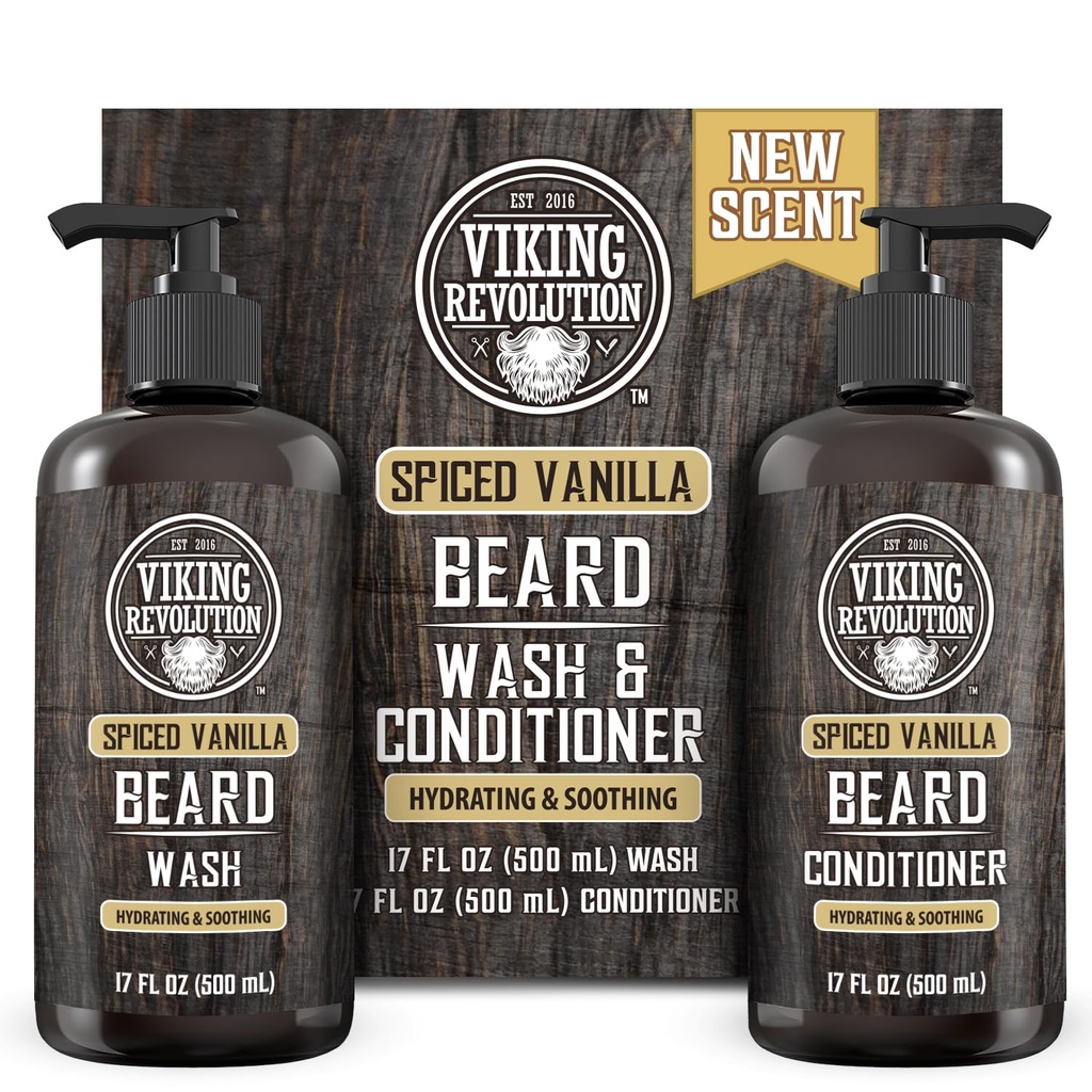 Viking Revolution Beard Wash and Beard Conditioner para homens com óleo de Argan e óleo de Jojoba - Beard amolecedor e reforço Beard Care Shampoo e Condicionador com óleo de barba (17oz Spiced Vanilla)