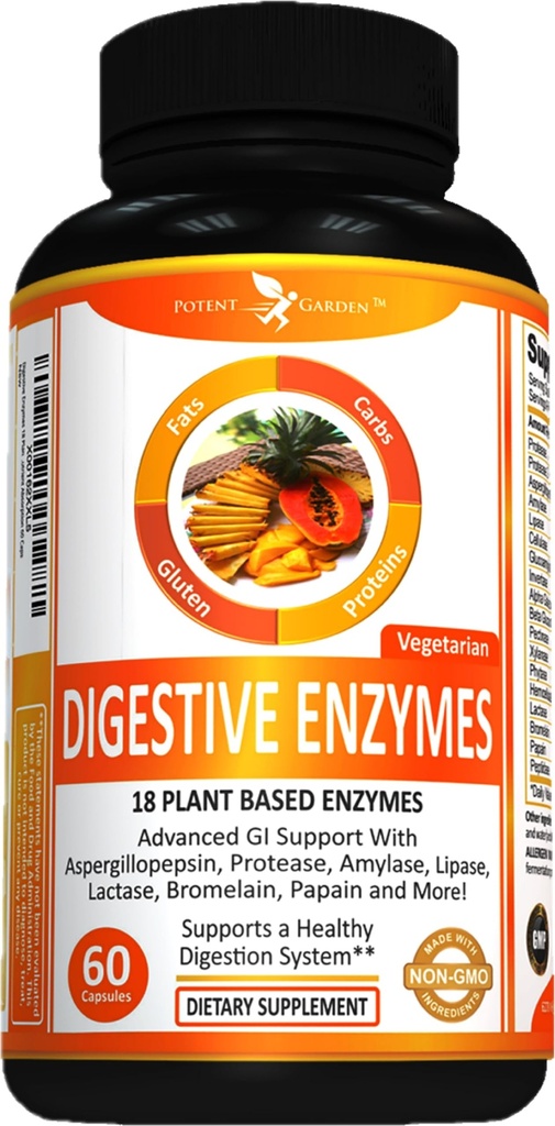 Enzimas Digestivas de Jardim Potentes -18 Enzimas Baseadas em Plantas com bromelaína de lipase de amilase Protease lactase & Outras Enzimas - Um Pílula Pré-Alimentada Suporta Digestão Saudável & Absorção Nutriente 60 Caps