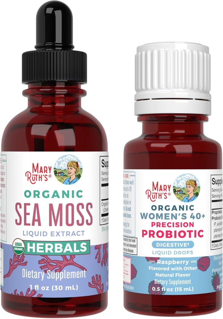 MaryRuth Orgânicos Digestão Probiótica (Raspberry) para Mulheres 40+ & Sea Moss Drops - USDA Organic, Clean Label Project Verified® - Vitaminas para Gut Saúde e Imunidade - Vegan, Non-GMO, Gluten Free