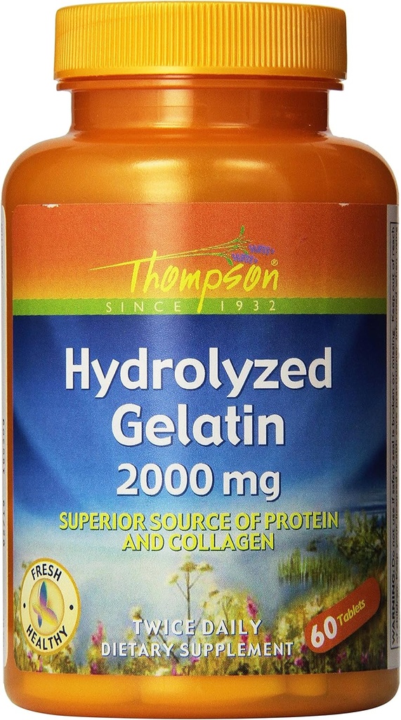 Thompson Hydrolyzed Gelatin 2000mg □ Proteína e Colágeno de origem bovina para células e pregos saudáveis Suporte
