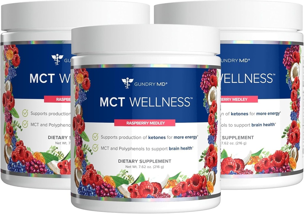 Gundry MD MCT bem-estar pó para apoiar a energia, produção de cetona e saúde do cérebro, Keto Friendly, Açúcar livre (90 dia de fornecimento, framboesa medley)