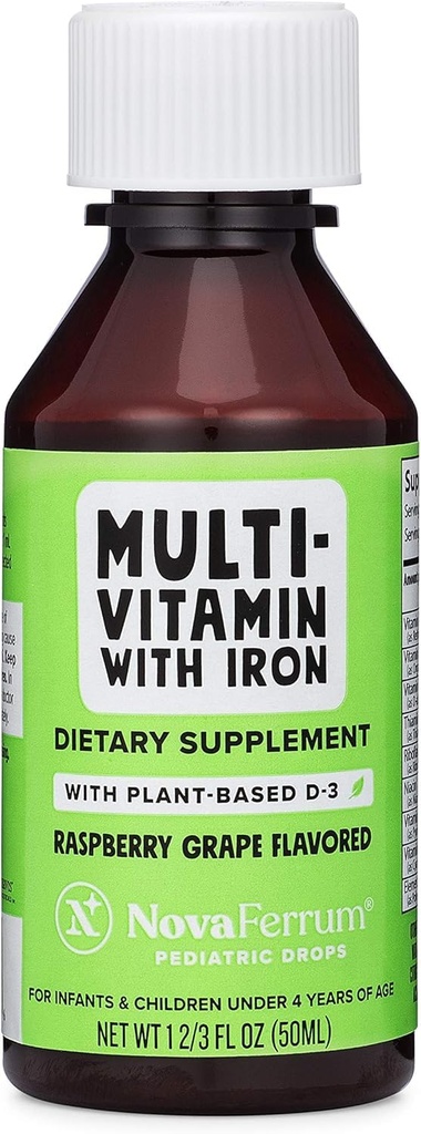 NovaFerrum Delish □ Vegan Multivitamin com ferro para crianças, crianças & crianças □ Apoio imunológico □ Planta orgânica baseada em D-3 □ Gluten Free □ Vegan Verificado □ Açúcar grátis 1.69 Fl Oz (50 mL)