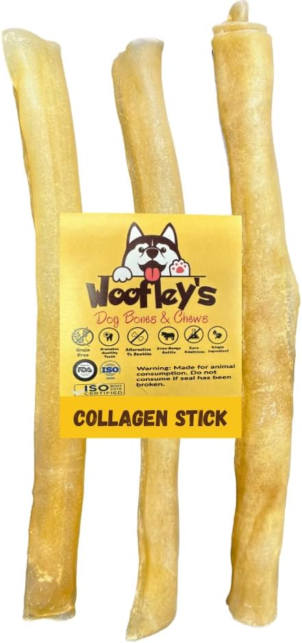 Varas de colagénio puras de 12 polegadas de Woofley para cães (3 Conde) - Mastiga para cães médios e grandes - Bully Stick Rawhide Alternativa