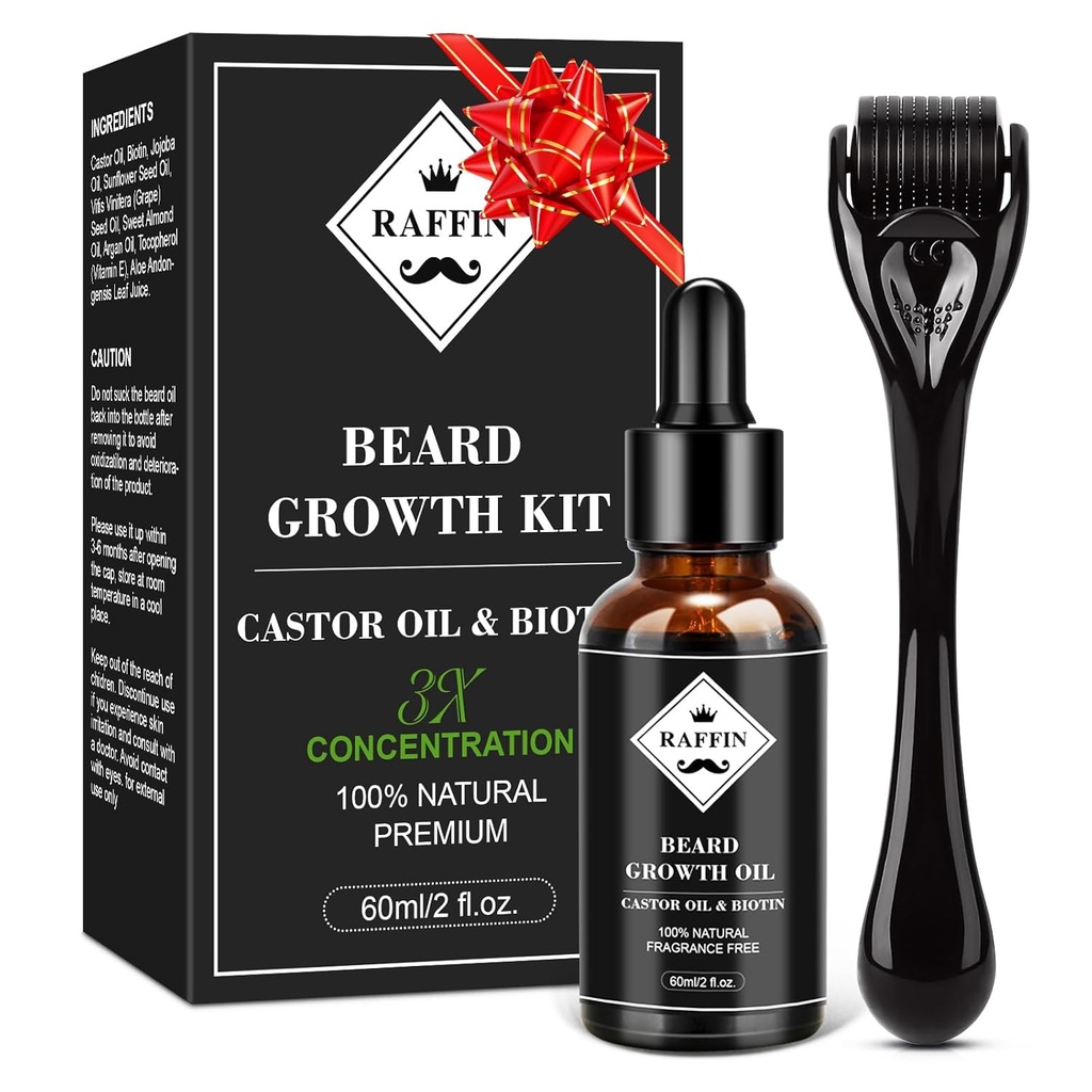 RAFFIN Beard Growth Kit, Upgraded Beard Growth Oil (2Oz) W/Maximum Thickening Biotin & Castor Oil for Spot/Patchy Beard, Achieve Fuller, Thicker & Healthier Beards, presentes para ele namorado marido pai