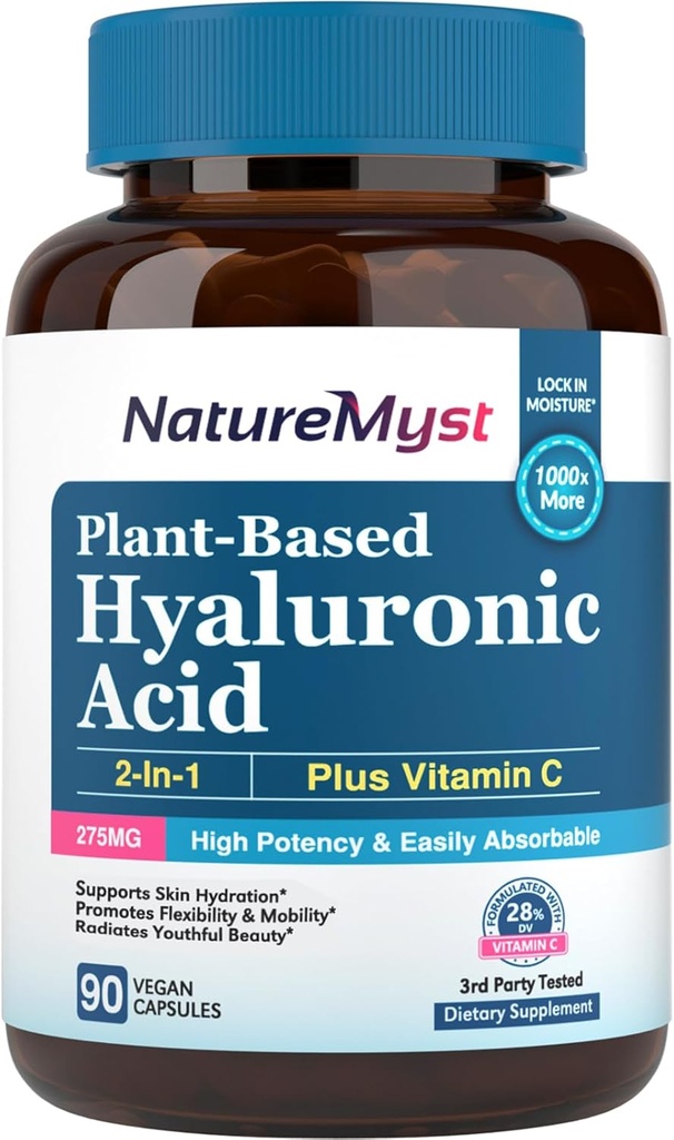 Suplemento de ácido hialurônico, com vitamina C, 250mg planta-baseada HA, 90 Vegan Caps, para pele e olhos, Produção de colágeno, Facilmente Absorvível