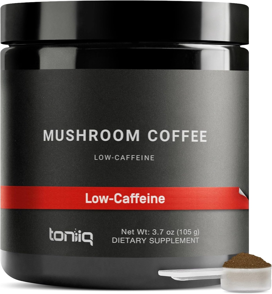 Toniiq Café de cogumelos de baixa cafeína - Ultra alta potência 10:1 Extrato concentrado - Feijões de origem colombiana com 10 Mistura de cogumelos, Mane de Leão & Cordyceps - Alternativa de café funcional