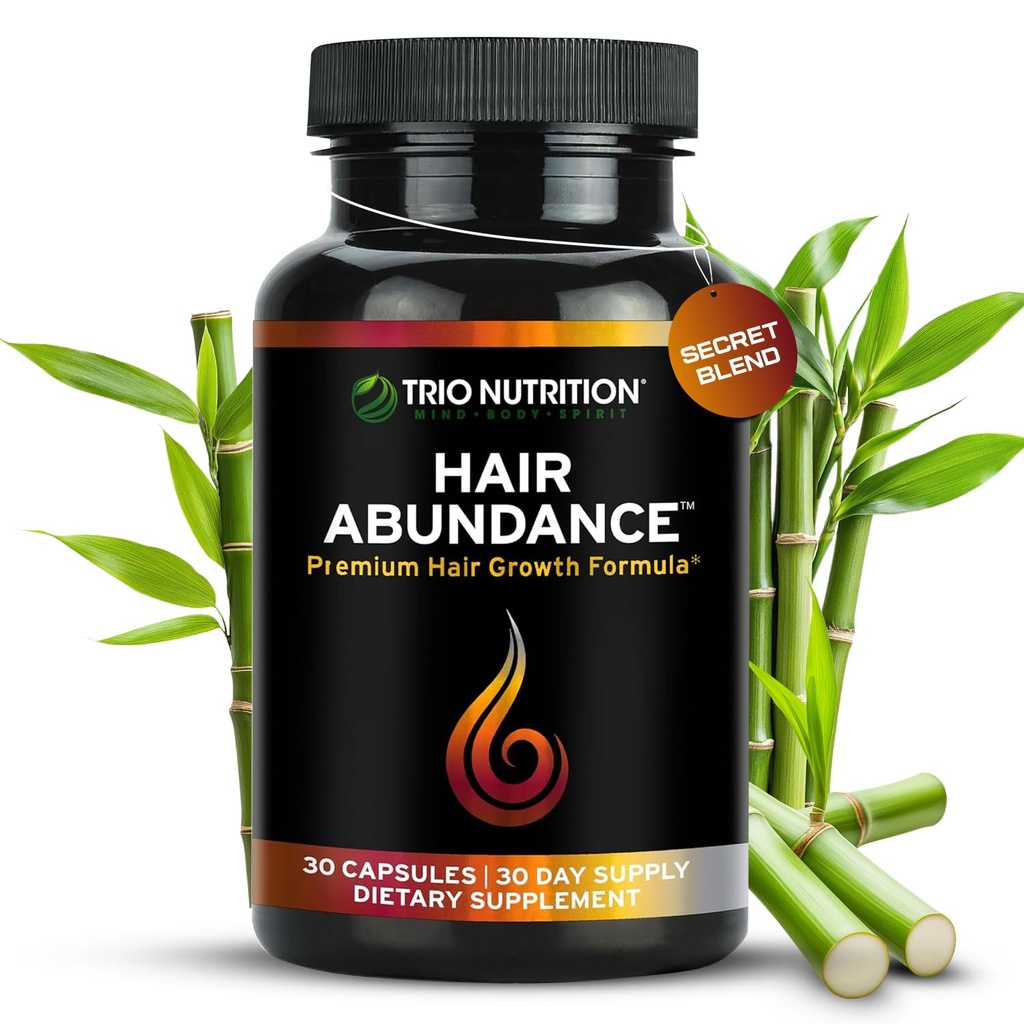 TRIO NUTRITION Hair Abundância . Suplemento Vitamina Natural para o crescimento do cabelo, unhas fortes e pele lisa . Impulsionado com colágeno, queratina, zinco e selênio .