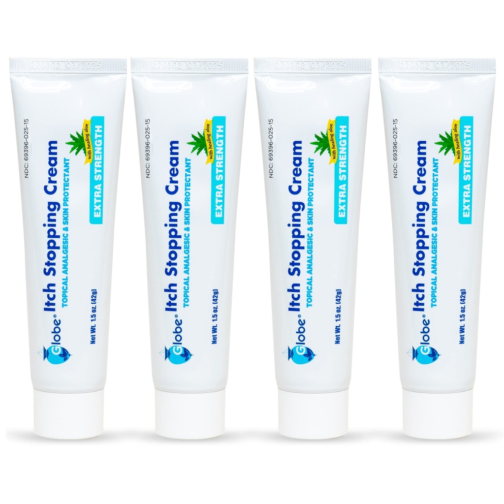 (4 Pack) Globe Comichão de força extra parar Anti-Itch Cream 1.5 Oz com Bloqueador de histamina, Difenidramina HCl Analgésico tópico & Zinco Acetato Proteção da pele para alívio da maioria Coceira ao ar livre