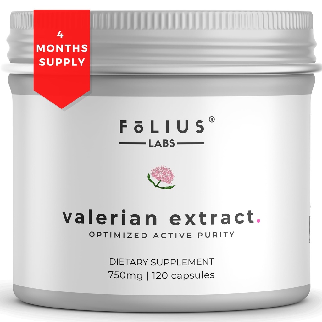 Valério Raiz 4:1 Extrair Cápsulas 750mg – Puridade ativa otimizada – Concentração 4X Suplemento Extrato de Raiz Valeriana - Sem glúten, Sem OGM - Promove Relaxamento - 120 Cápsulas