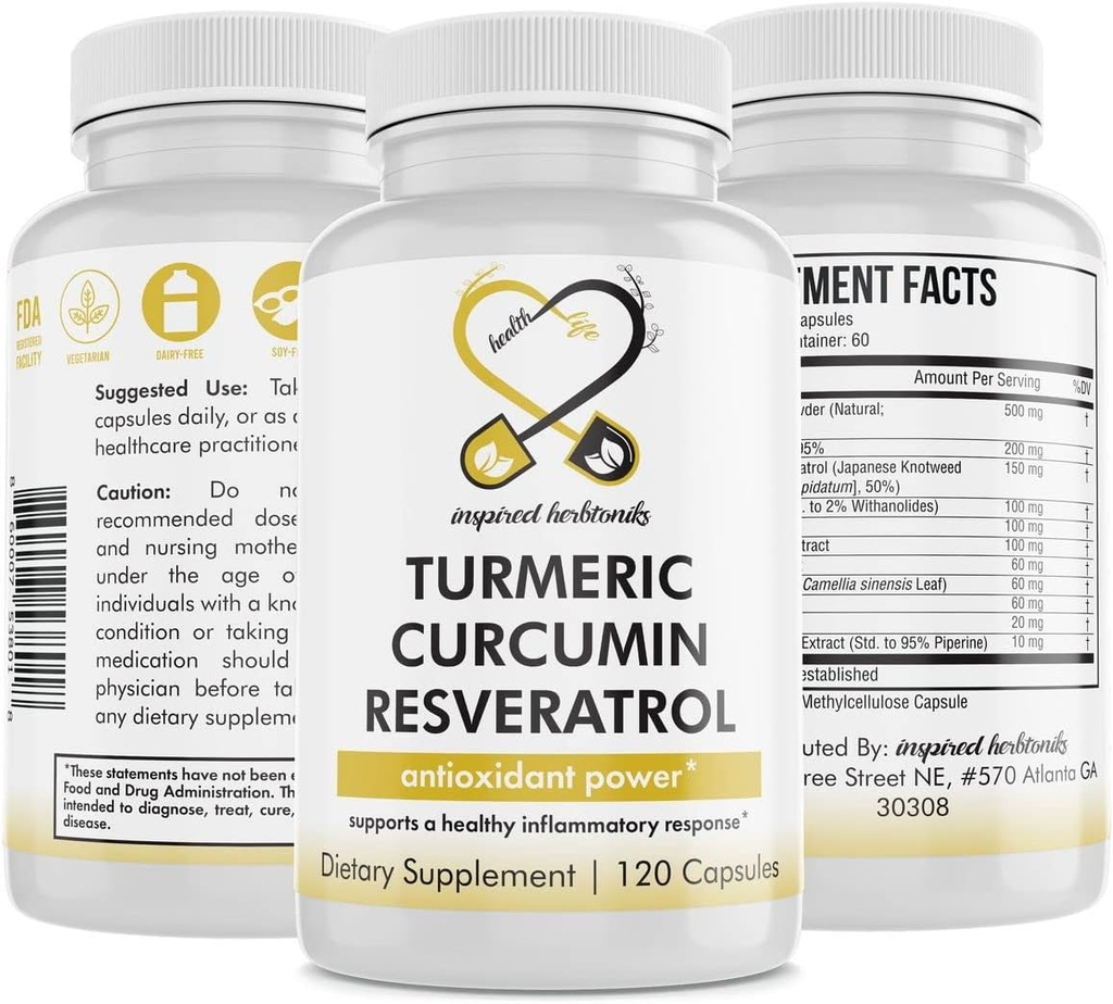 Curcumina Turmérica Resveratrol Suplemento nutricional, Propriedades antioxidantes, Suporta boa inflamação e sistema imunológico, 120 Cápsulas Vegan