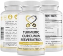 Curcumina Turmérica Resveratrol Suplemento nutricional, Propriedades antioxidantes, Suporta boa inflamação e sistema imunológico, 120 Cápsulas Vegan
