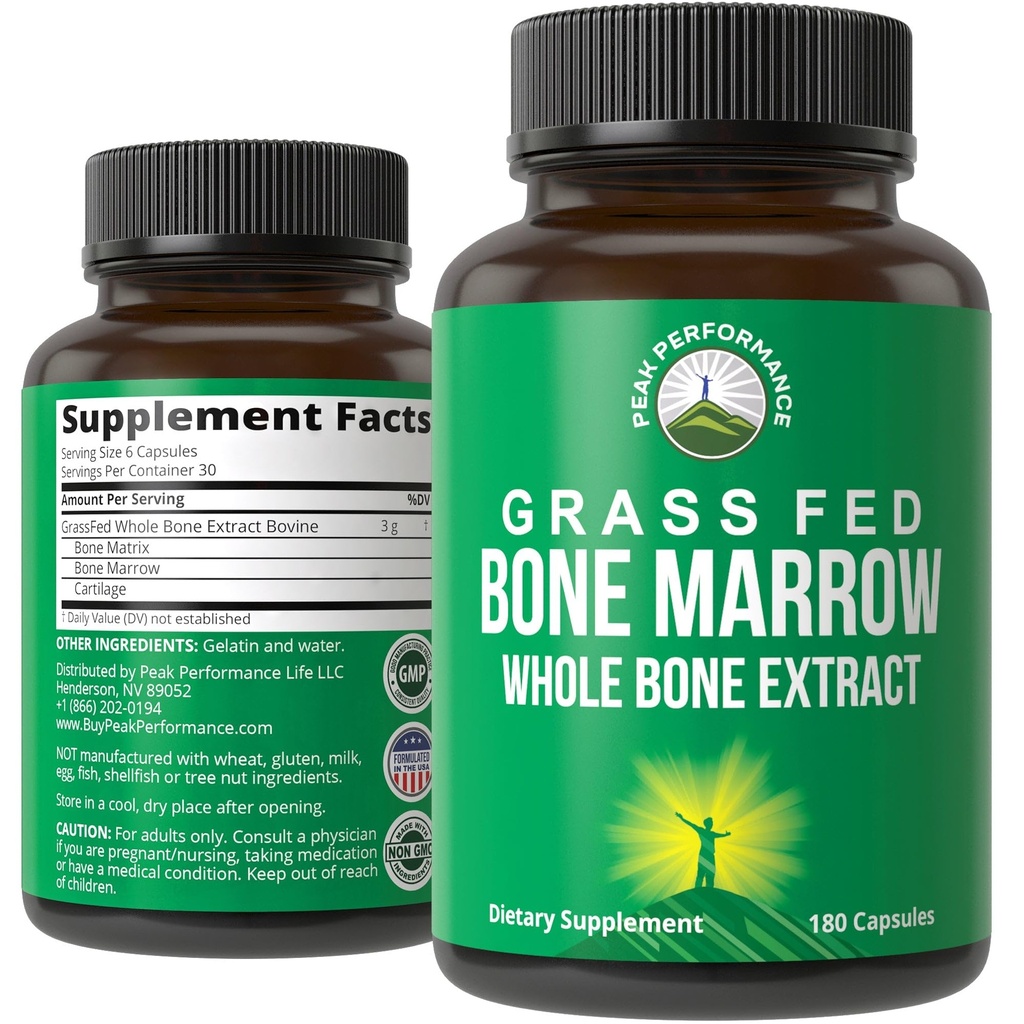Peak Performance Grass Fed Bone Marrow - Osso inteiro Extrair Suplemento 180 Cápsulas Pílulas Superalimentares Rico em Colágeno, Vitaminas, e Aminoácidos. da Matriz Óssea, Marrow, Cartilagem. Comprimidos Ancestrais