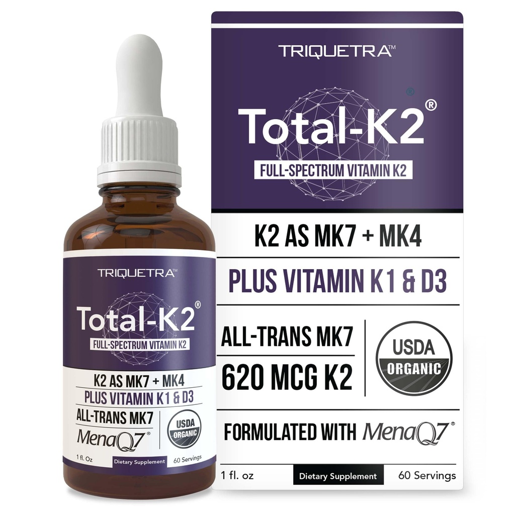 Total K2® Vitamina K2 como MK7 & MK4 Mais K1 & Vitamina D3 Cofactor - 620 mcg K2 por serviço - All-Trans MK7 de MenaQ7® - Vitamina K de espectro completo - Vegan, certificado orgânico (Liquid 1 oz)