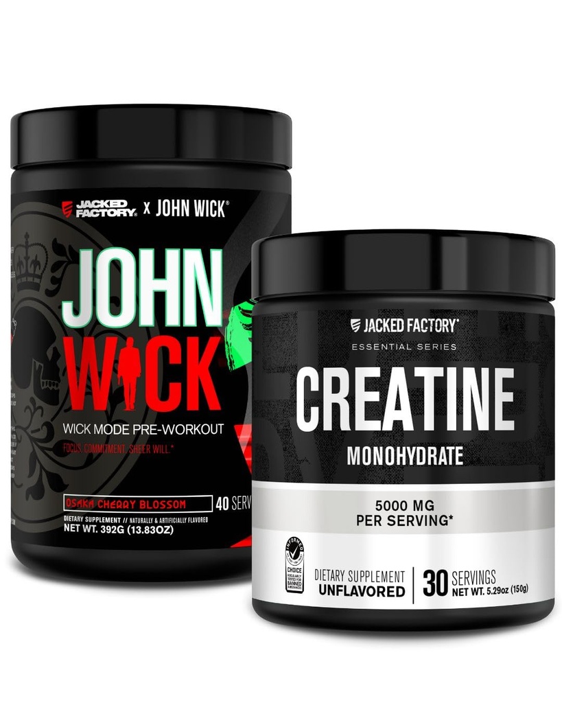 Jacked Factory X John Wick - Pó pré-treino de modo Wick (Osaka Cherry Blossom, 40 Servings) & Creatine Mono-hidrato Powder (desfolhado, 30 Servings)