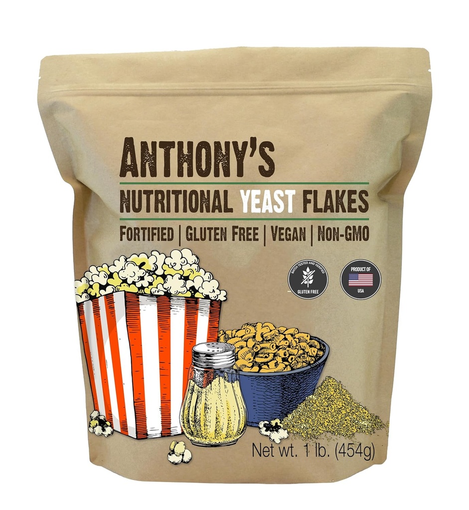 Anthony's Premium Nutritional Yeast Flakes, 1 lb, Fortificado, Gluten Free, Não OGM, Vegan