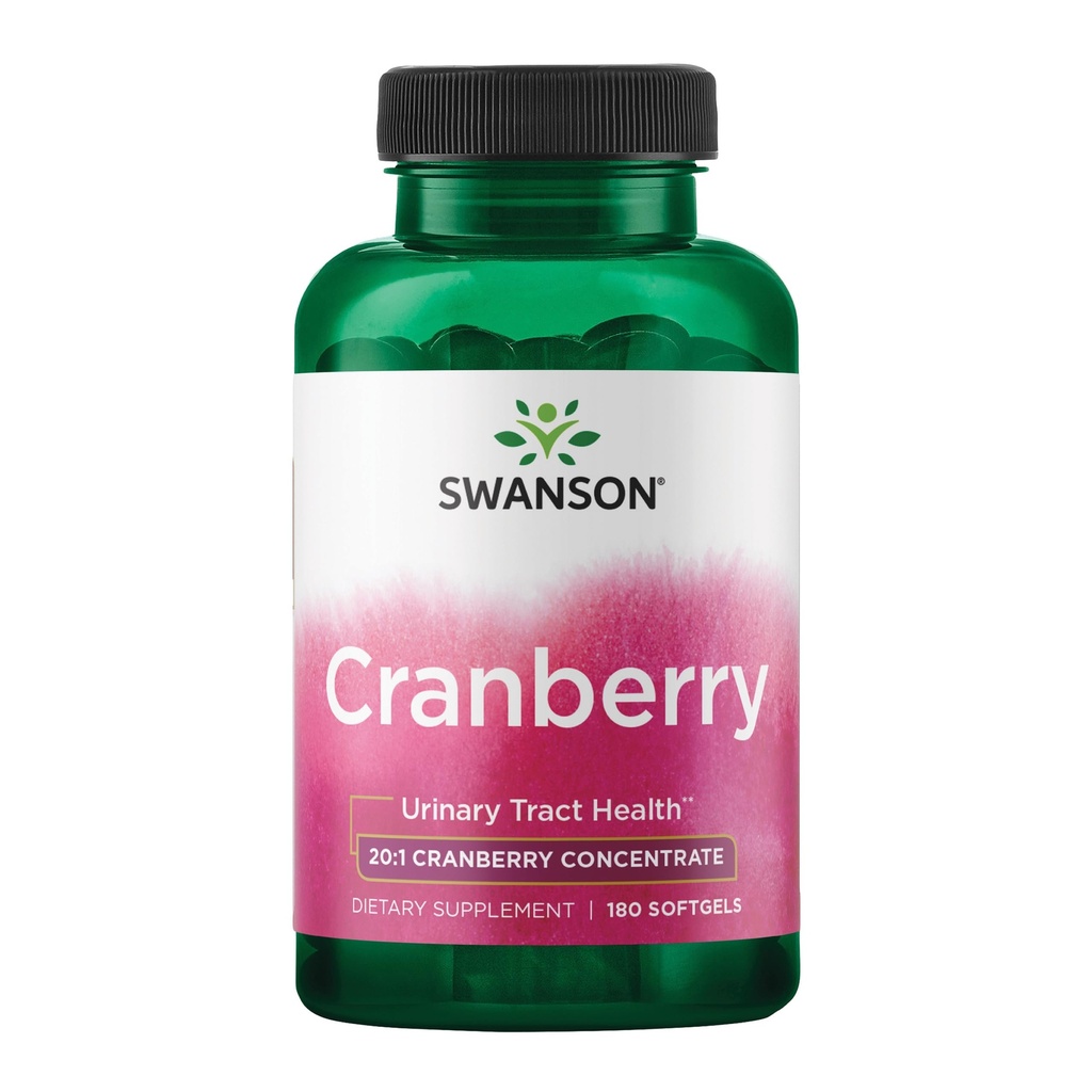 Swanson Cranberry - Suporta a saúde do trato urinário, controle da bexiga, e promove a função saudável do rim - Suplemento feito com 20:1 Concentrado de suco - (180 Softgels)