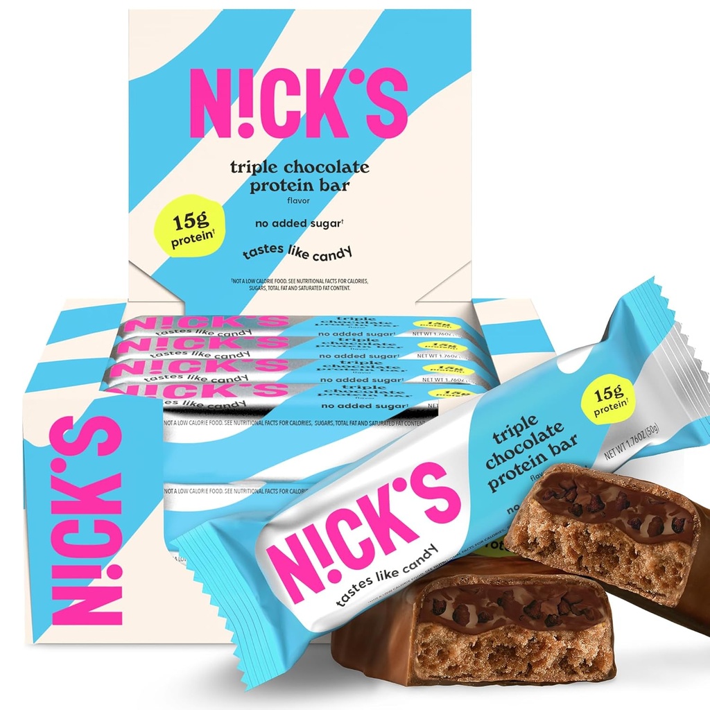 Barras de proteína de chocolate triplo de Nick – caixa de 12-conde alta proteína, baixas calorias, carboidratos baixos, Keto amigável, Sem açúcar adicionado