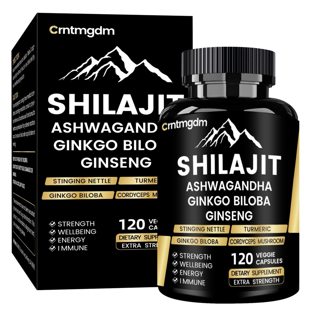 Shilajit Cápsulas - 20.000mg Puro Himalaia Orgânico Shilajit para Homens e Mulheres com Ashwagandha, Suporta Vitalidade e Bem-Estar, Premium Shilajit Suplemento Puro Himalaia, 120 Cápsulas