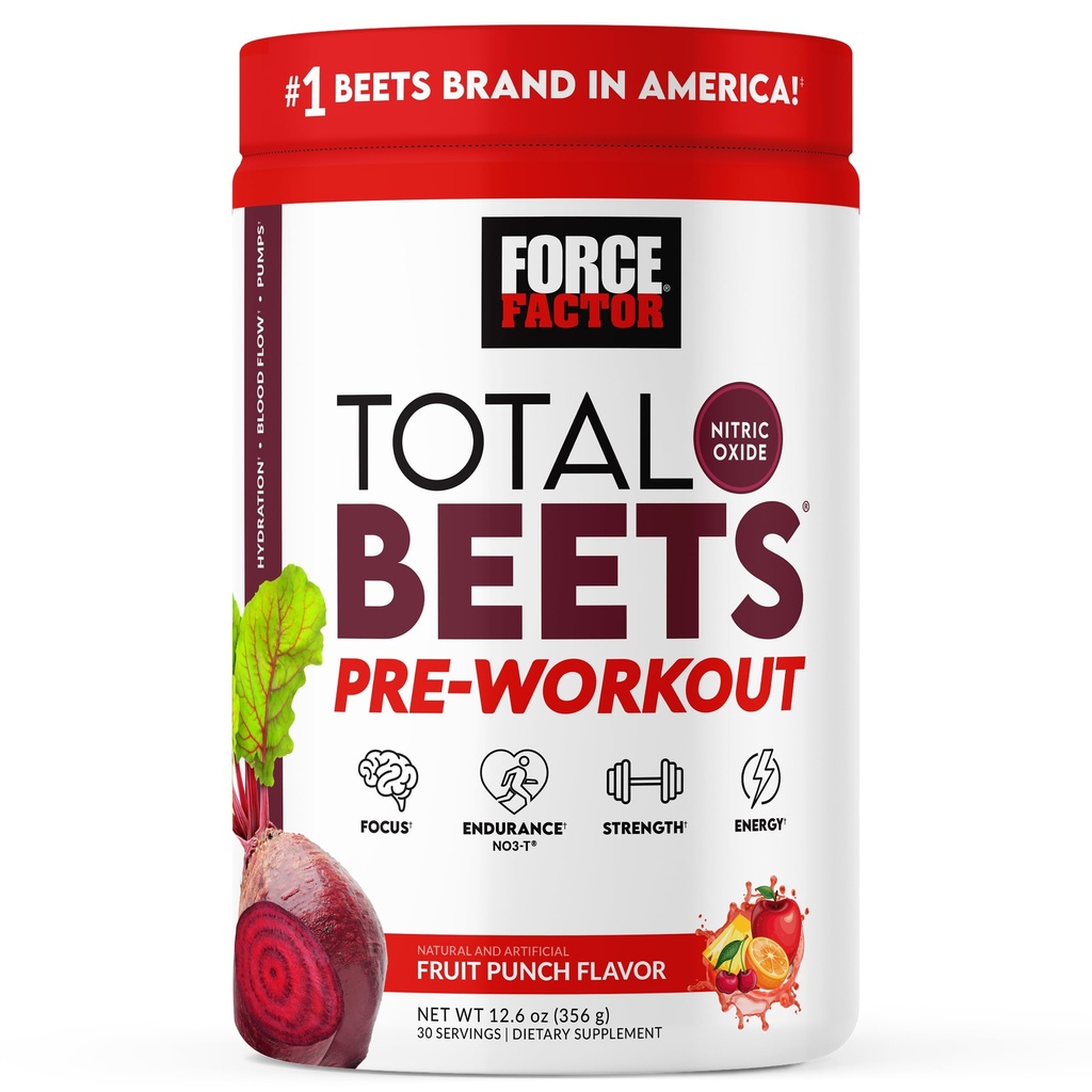 FORCE FACTOR Beterrabas totais Pré-treino em pó para aumentar a energia e resistência, aumentar a força e melhorar o fluxo de sangue e bombas, Suplemento de óxido nítrico com pó de raiz de beterraba, Fruit Punch, 30 Servings