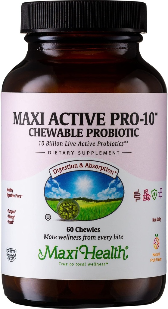 Maxi Saúde Ativo Pro-10 Crianças Mastigados Probióticos – 15 Strains para Digestive & Imune Saúde – 10 Bilhões probiótico Mistura- Dairy-Free, Kosher – Suporta Gut Saúde, Vegetarian – 60 quilates (Shelf Stable)