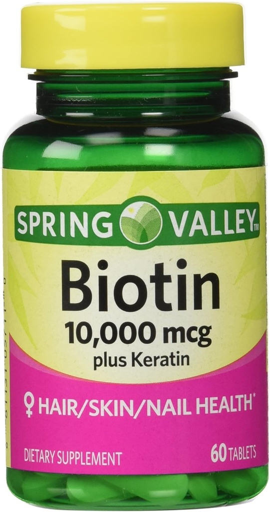 Spring Valley Biotin Suplemento dietético, 10.000 Mg Com 100 Mg de queratina, 60 Comprimidos