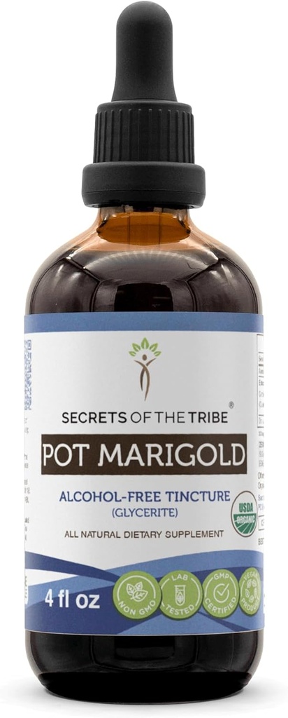 Secrets of the Tribe Pot Marigold USDA Orgânico Extrato Livre de Álcool, Drops de Ervas de Alta Potência □ Feito a partir de 100% certificado Organic Pot Marigold (Calendula, Calendula Officinalis) Secado Flor (4 onças)