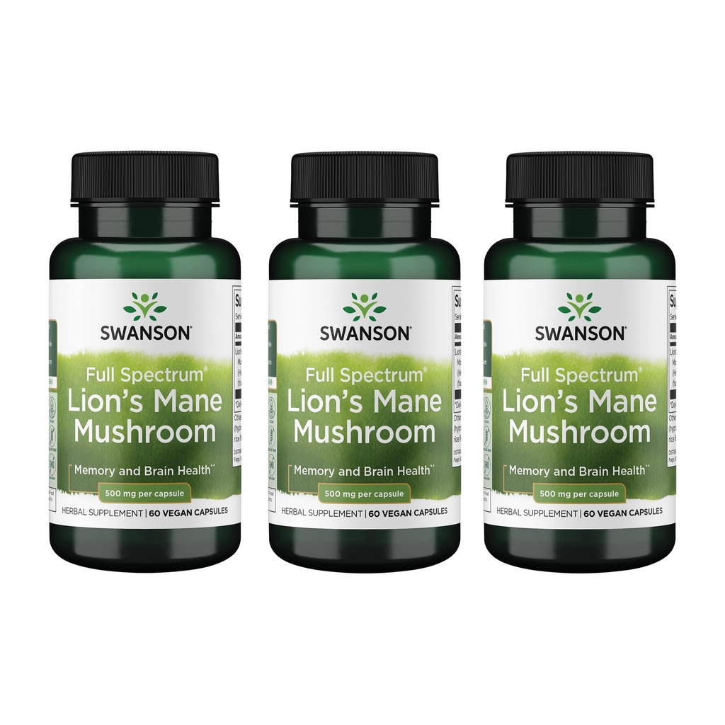 Swanson Lion's Mane Mushroom - Suplemento tradicional de reforço do cérebro feito de Hericium Erinaceus (60 cápsulas, 500mg cada) 3 Pack