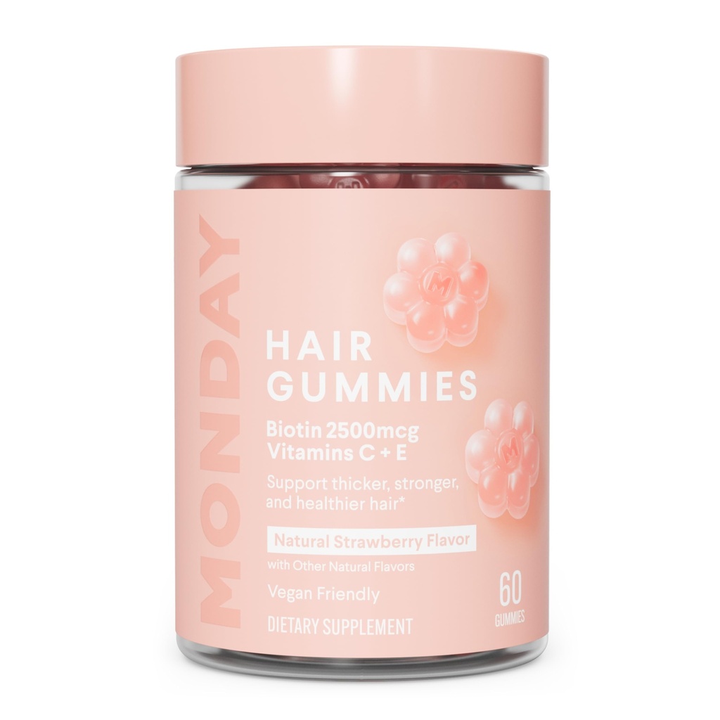 Segunda-feira chicletes de cabelo com 2500 mcg Biotin, Vitamina C & Vitiman E para cabelos mais grossos, mais fortes e mais saudáveis 60ct