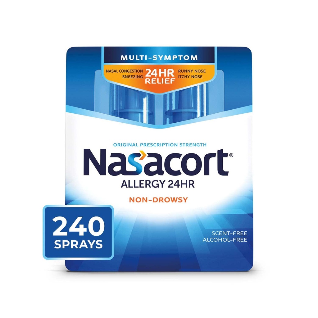 Nasacort 24HR Alergia Pulverização nasal para adultos, sem sonolência e sem álcool, 240 Sprays, 0,57 fl.oz. 2Ct