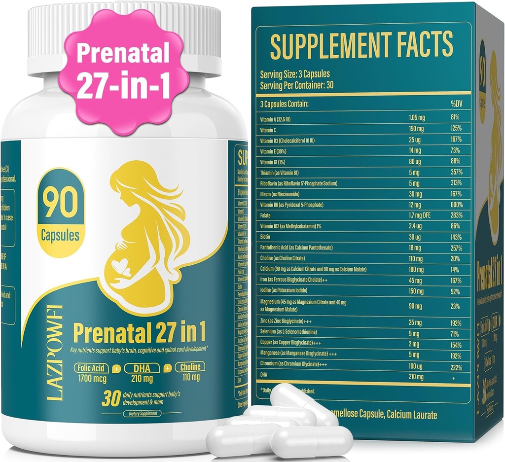 Vitaminas Pré-Natais para Mulheres Multivitamina Pós-Natal com Ácido Fólico Colina DHA para Gestantes e Amamentando Mulheres Niacinamida Biotina e Mineral 27 em 1 Suplemento 90 Cápsulas-30 Servimentos