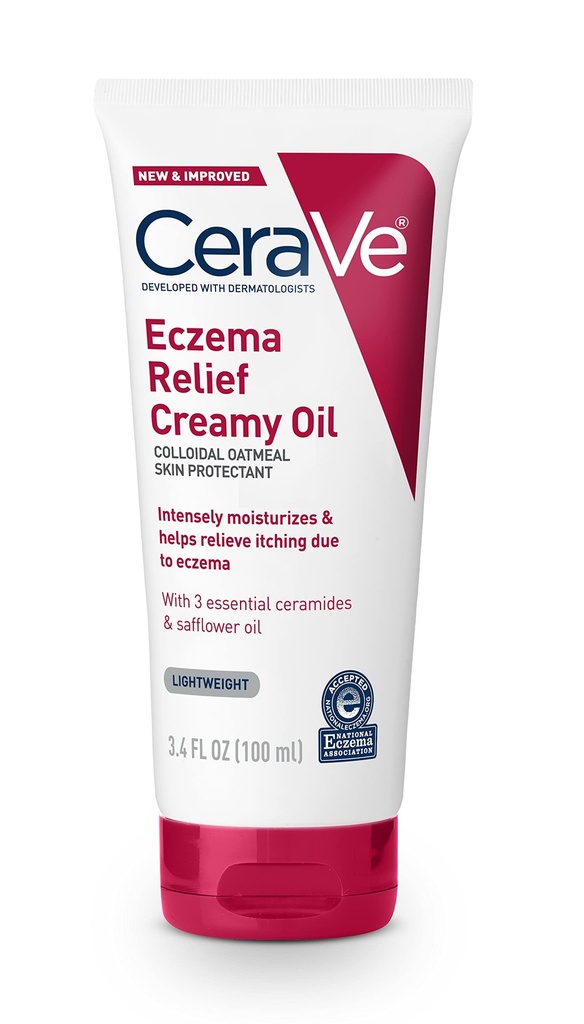 CeraVe Eczema alívio cremoso óleo do corpo, Eczema calma Creme com farinha de aveia coloidal & óleo de flor de safira para pele seca e alívio da pele com comichão, esteróide livre & paraben livre, 3.4 Onça