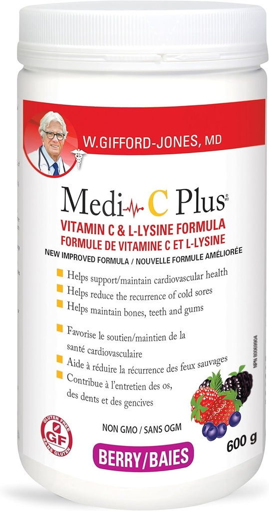 Dr. Gifford-jones Nutrição preferida Medi-C Plus Vitamina C & L-lisina Fórmula Berry Sabor 600g