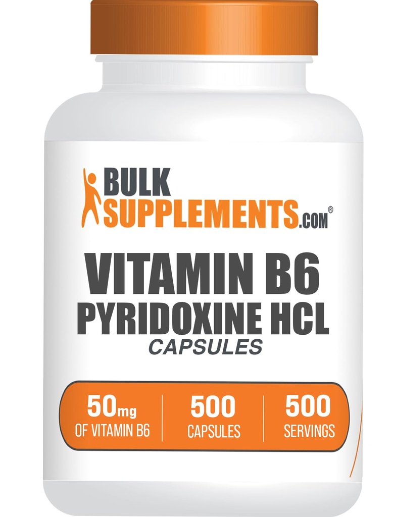 BulkSuplementos.com Cápsulas Vitamina B6 - Pyridoxine HCl, Vitamina B6 50mg - 1 Cápsula por Serviço, 500 Cápsulas (Pacote de 1)