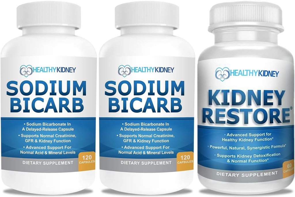 Bicarbonato de sódio 650mg Cápsulas para alívio ácido, alcalinidade 120 comprimidos 2-Pack + Rins Restaurar Rim Cleanse e Rim Health Supplement, 60 caps