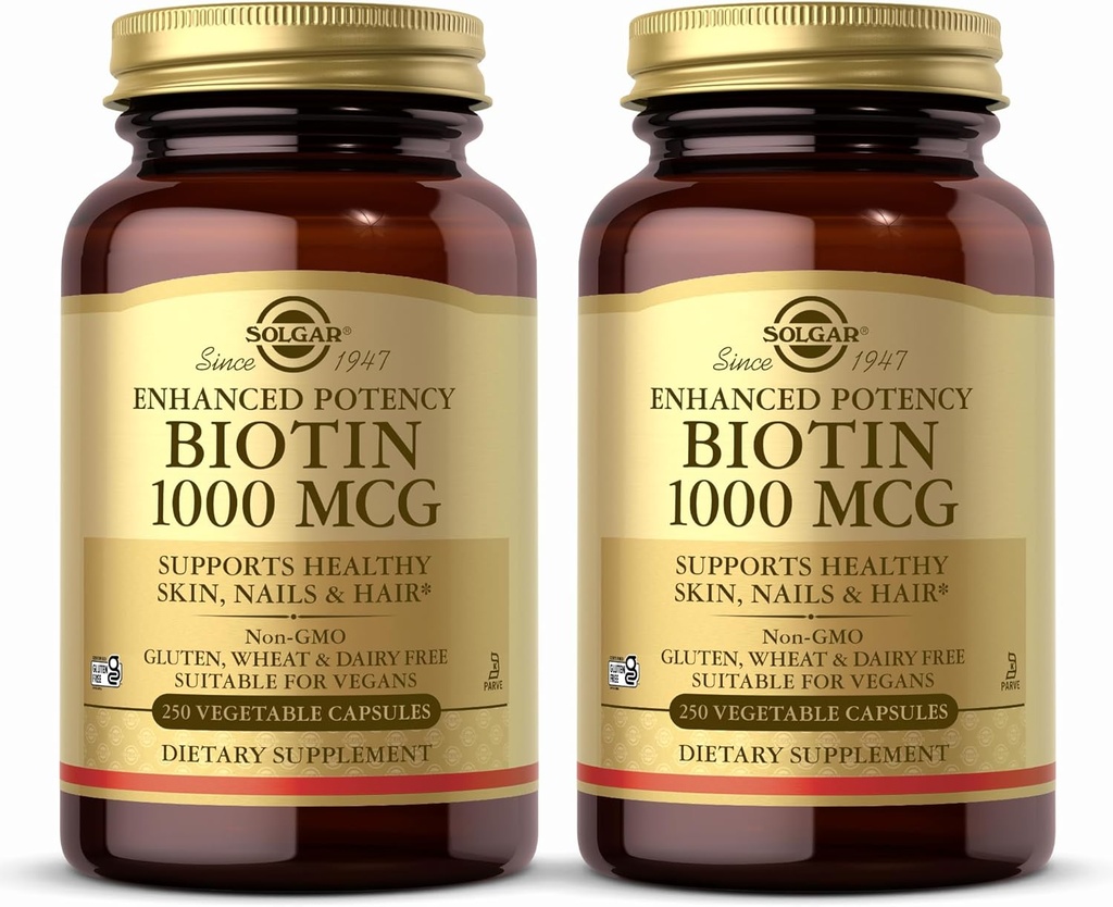 Solgar Biotin 1000 mcg, 250 Cápsulas Vegetais (Pacote de 2) - Suporta pele saudável, unhas e cabelo - Metabolismo de Energia - Potência aumentada - Não-GMO, Vegan, Sem glúten, Leite Livre, Kosher - 500 Servings