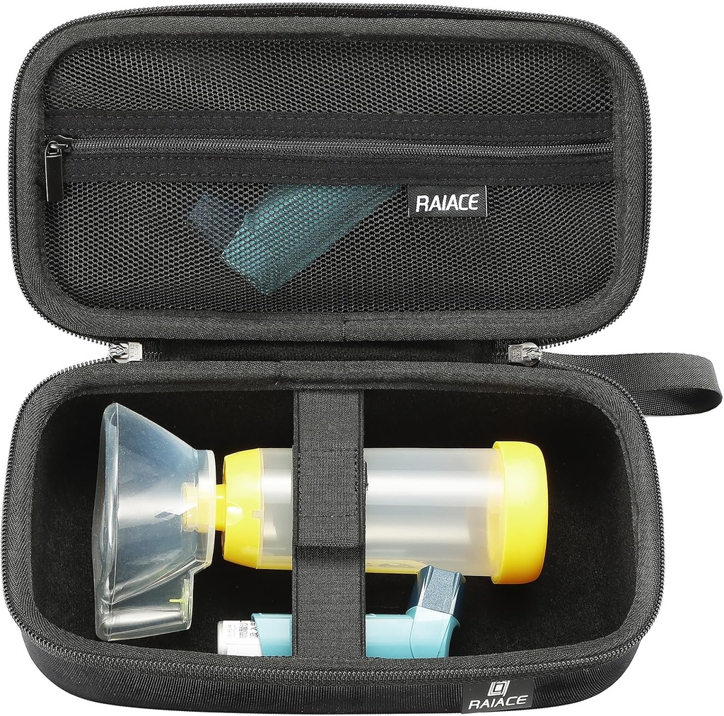 RAIACE Hard Travel Storage Case Compatível com Asma Inhaler, Inhaler Holder Asthma Bag com bolsa de malha para Medicina e Acessórios. (apenas caso) - Preto