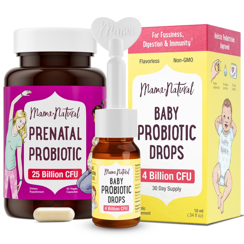Mama natural pré-natal Probiótico e bebê Probiótico gotas Bundle – Gut, Vaginal e Imune Suporte para a mãe + Conforto digestivo para o bebê com bebê Probióticos – Bundle & Save