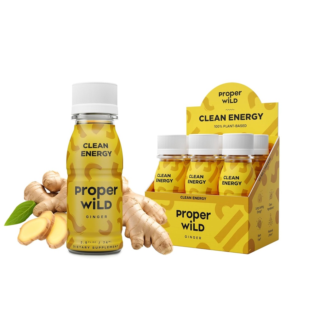 Apropriado Selvagem Vegan Energia Shots, com L Theanina, e Cafeína Orgânica, Clean Plant Based Energy Drink, Gluten Free, OGM Livre, Dairy Free, Stevia Free, Soy Free, Ginger, 2.5 Fl Oz, 6 Pack