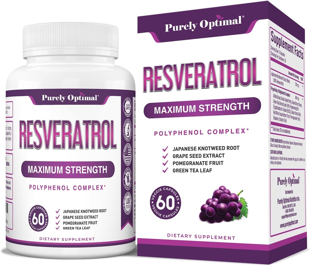 Puramente Optimal Resveratrol Suplemento 1500mg – Trans-Resveratrol de Knotweed japonês, Complexo de Polifenol – Suporta Envelhecimento graciosa, Vitalidade, Cognitivo & Saúde da Pele – 60 Cápsulas Vegan