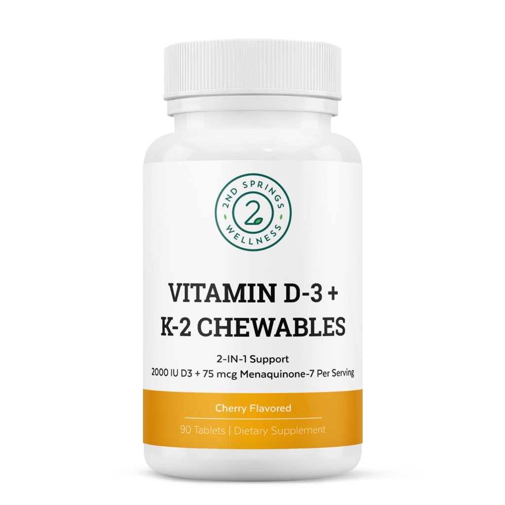 Vitamina D3 + K2 Mastigáveis - 2000 UI Vitamina D e MK7 K2 (Menaquinona-7) - Comprimidos com sabor de cereja - Suplemento Vitamina D + K2 para Adultos e Crianças