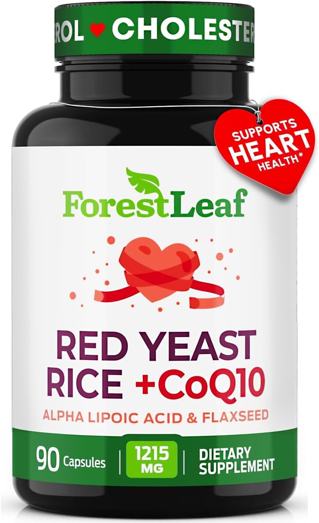 Red Yeast Rice 1215 mg. Cápsulas - Forte extra Red Rice Levessado com CoQ10 Suplemento, Além de ácido alfa lipoico e linhaça orgânica, Citrinina livre, Suporta Saúde Cardiovascular, Não-GMO 90 tampas vegetais