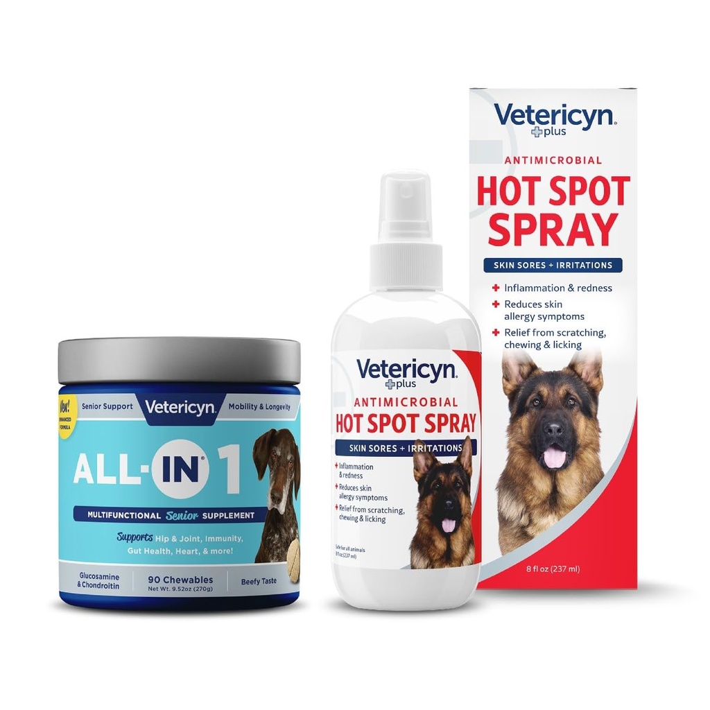 Vetericyn All-in 1 Suplemento para cães idosos multifuncionais com Glucosamina e Vetericyn Plus Hot Spot Spray