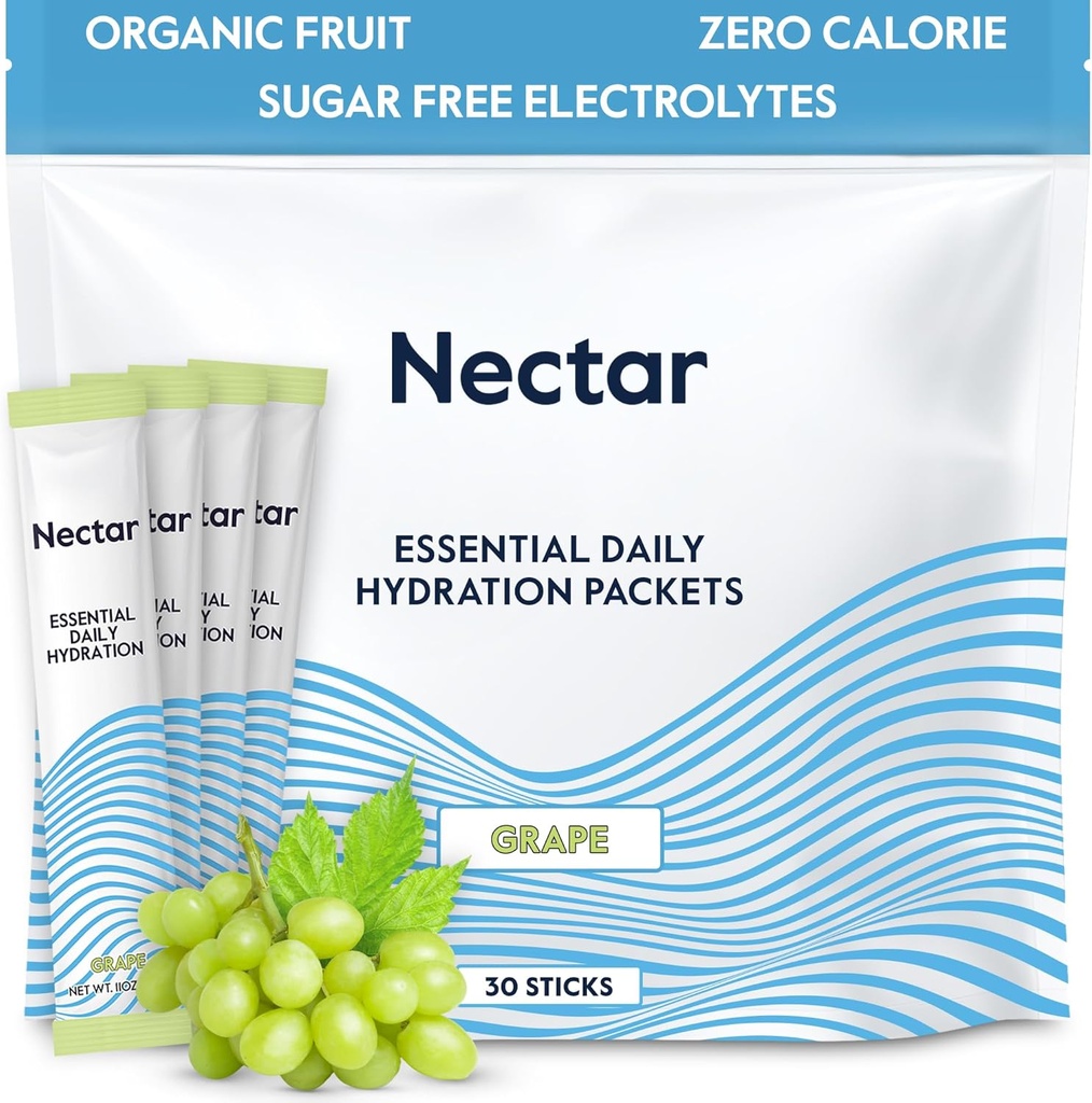 Pacotes de Hidratação Néctar - Eletrólitos Em pó Pacotes - Açúcar Livre & 0 Caloria - Eletrólitos líquidos de fruta orgânica diário IV Pó para alívio de desidratação e reidratação rápida (Pacote Grape 30)