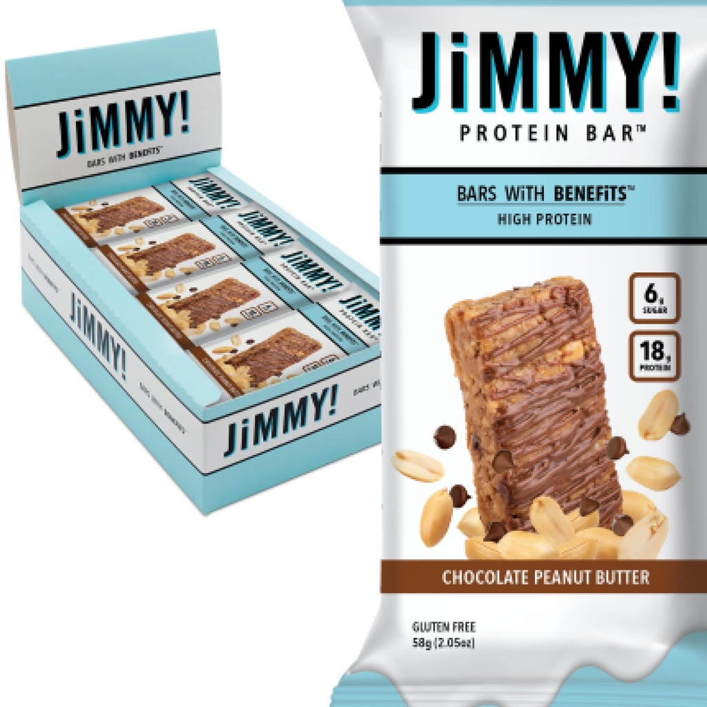 Jimmybar! Barras de proteína de manteiga de amendoim de chocolate 18g Bar Protein, 6g Baixo Açúcar - 12 Count - 58g Barras de saúde - Lanche funcional com verdadeiros amendoins e chocolate à mão
