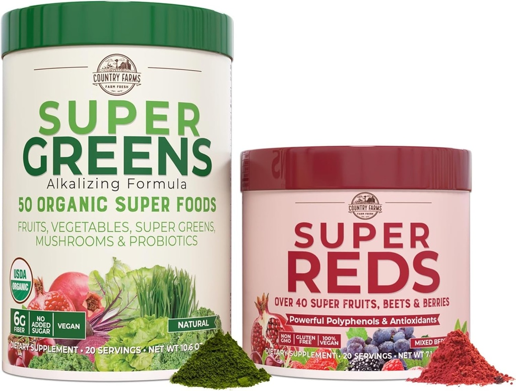 PAÍS FARMS Essential Pack, Super Greens Powder e Super Reds, embalado com 50 Super Alimentos Orgânicos e 40 Super Frutas, Energia Natural, Suporte Bloating, Sem sabor & Berry Flavor, 17.7 onças, 2 Pack